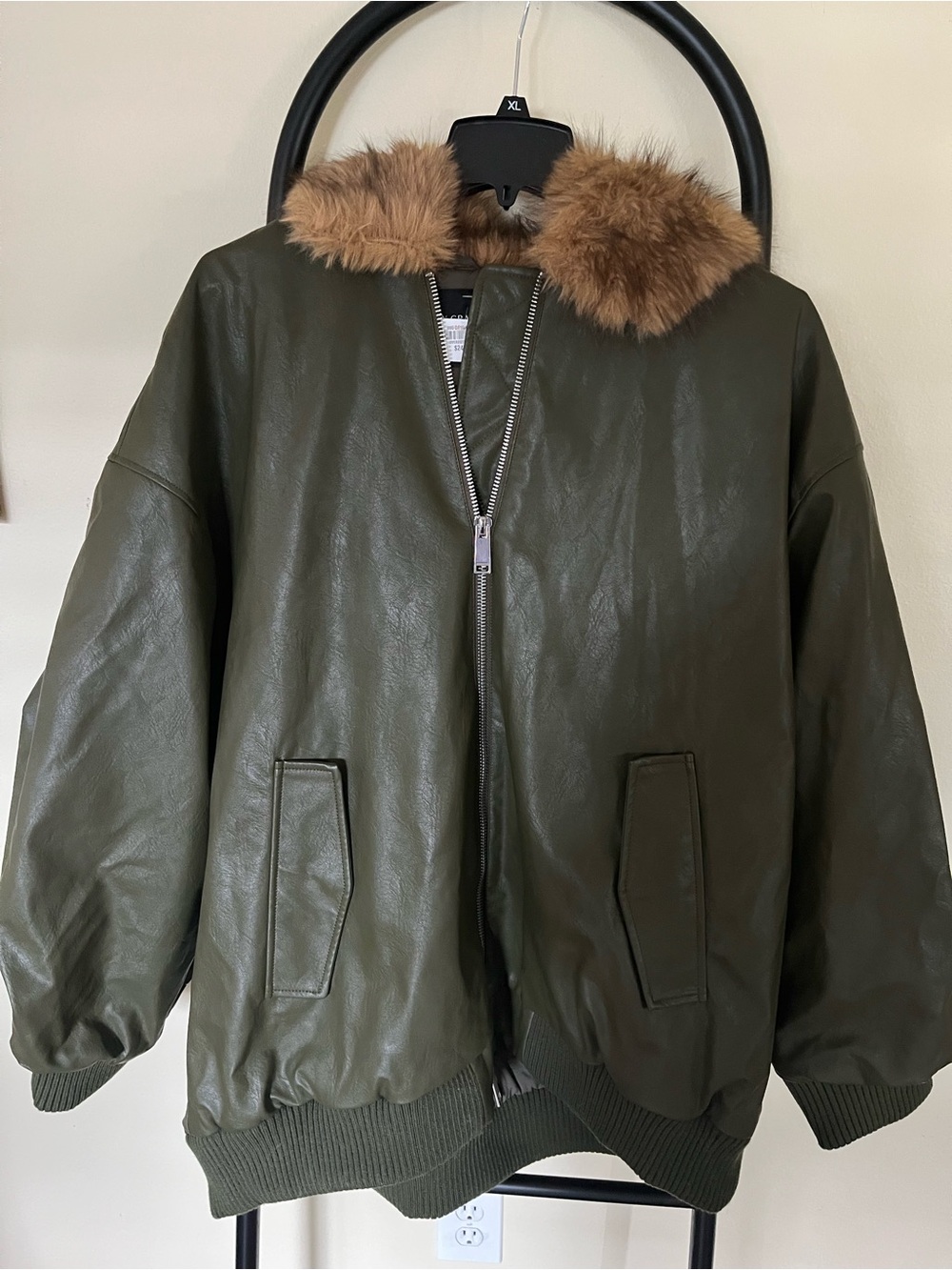 Ashley Graham Olive Green Faux Leather coat with Brown Faux Fur Collar